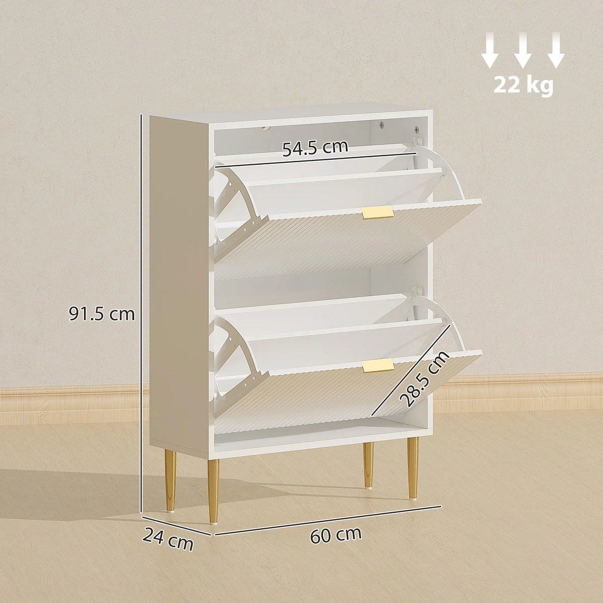White shoe cabinet with two open compartments and ridged doors; gold leg details