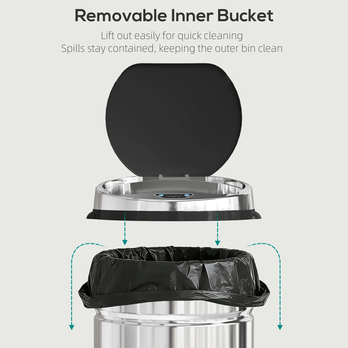Stainless steel trash can with removable inner bucket and black lid, top view