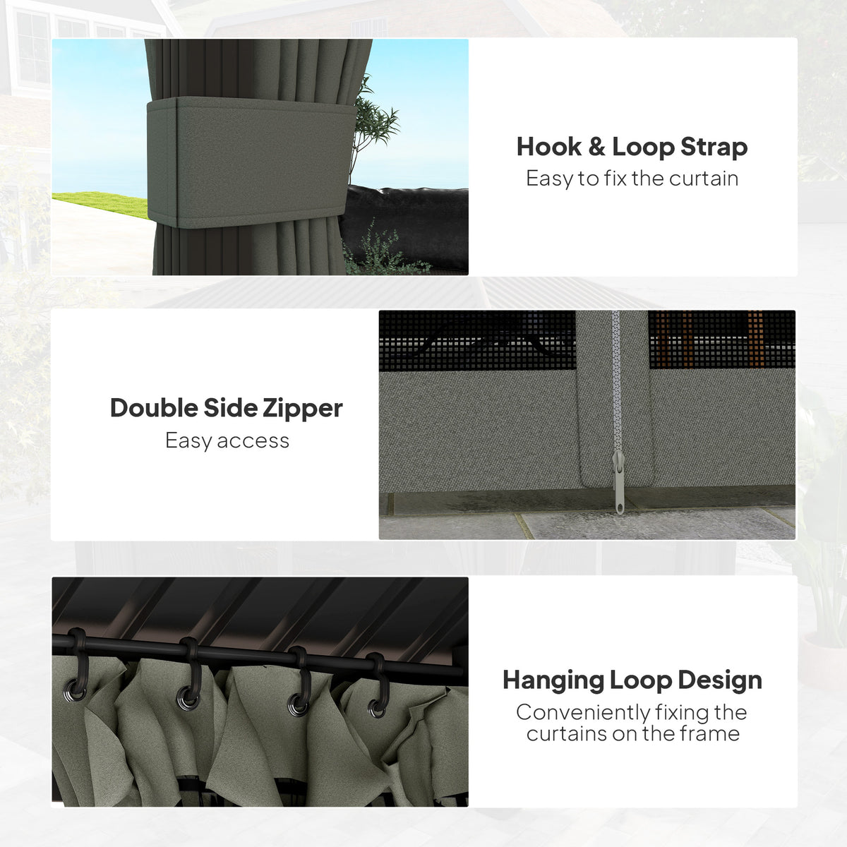 Dark grey gazebo curtain system with top hook loop straps and double zipper access