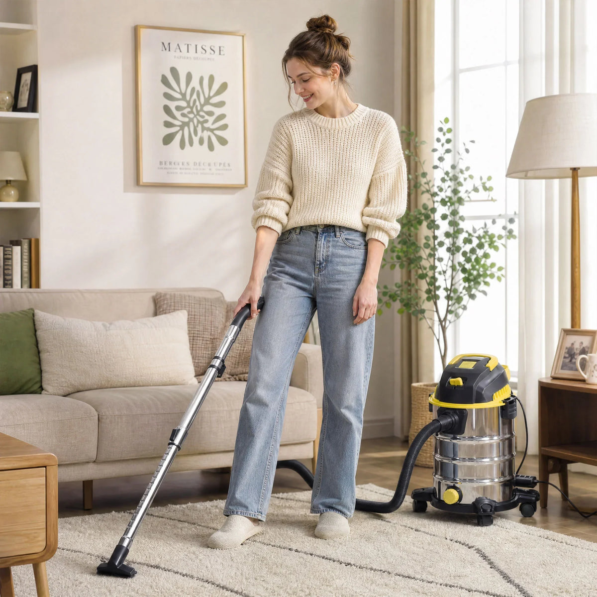 Wet and dry vacuum cleaner with stainless steel tank, wand, and black hose