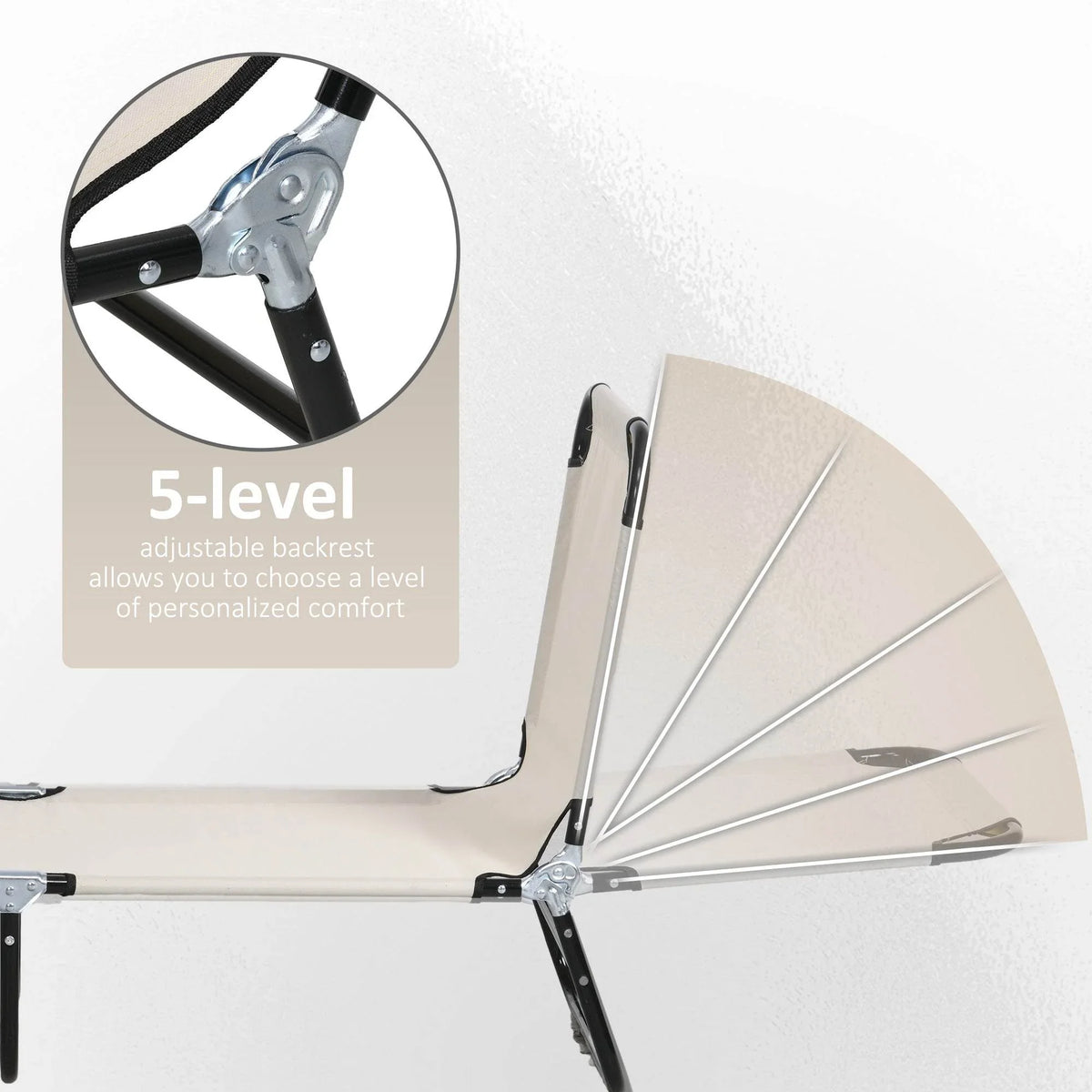 Cream sun lounger showing recline mechanism and five-level adjustable backrest