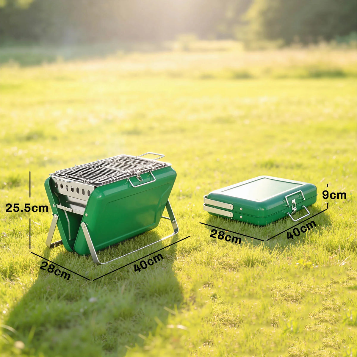 Green portable charcoal grill with folding legs and wire cooking grate, shown with size guide