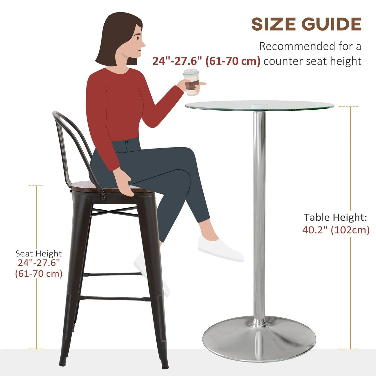 High bar table with clear glass top and chrome base beside a stool