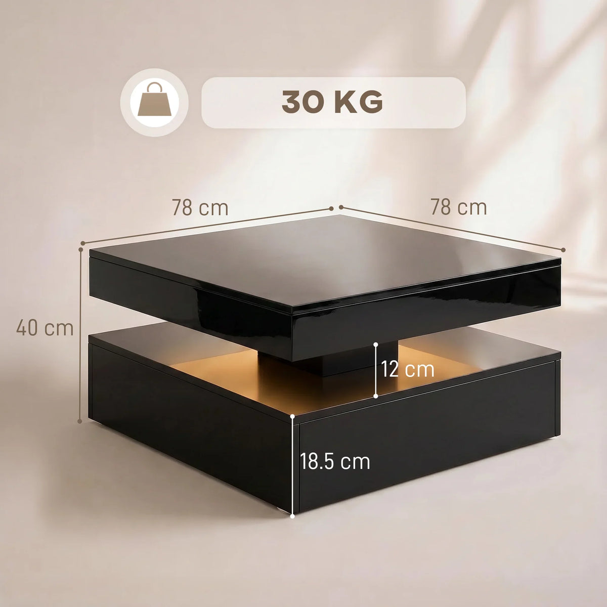 Black 2-tier coffee table with open storage shelves and glossy top surface