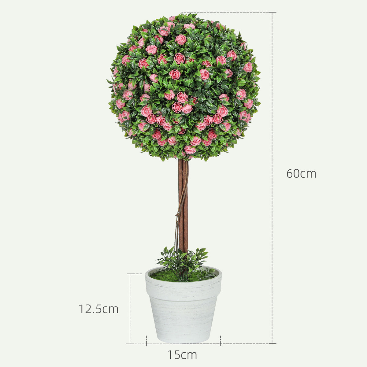 Pink rose artificial ball topiary tree in white pot, 60cm height