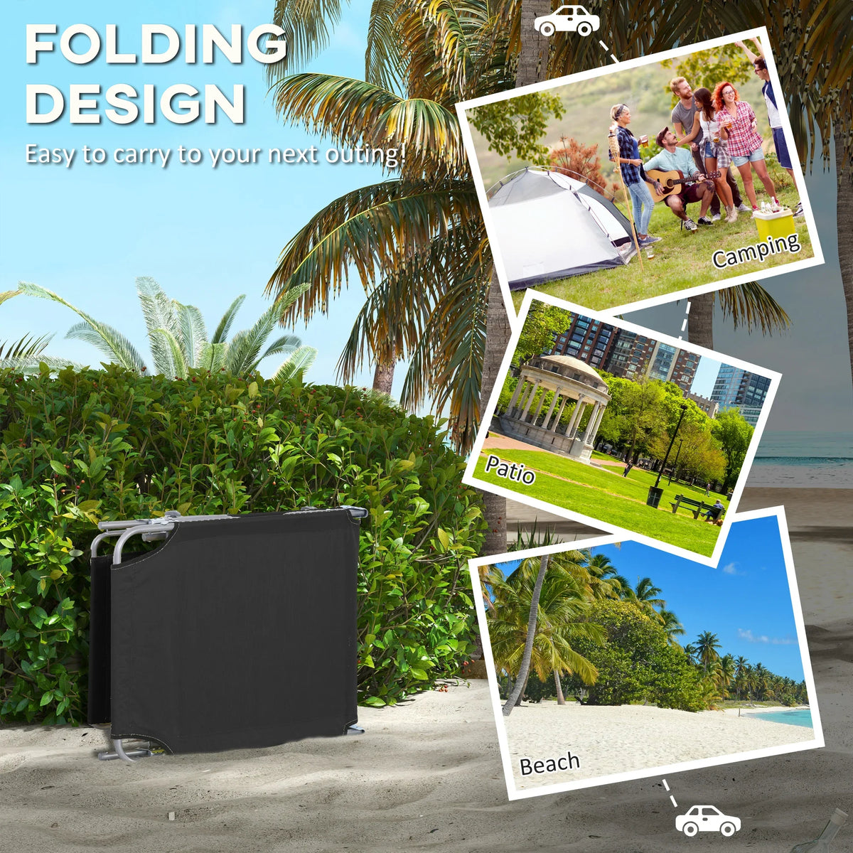 Black foldable sun lounger with side canopy, folded for easy storage