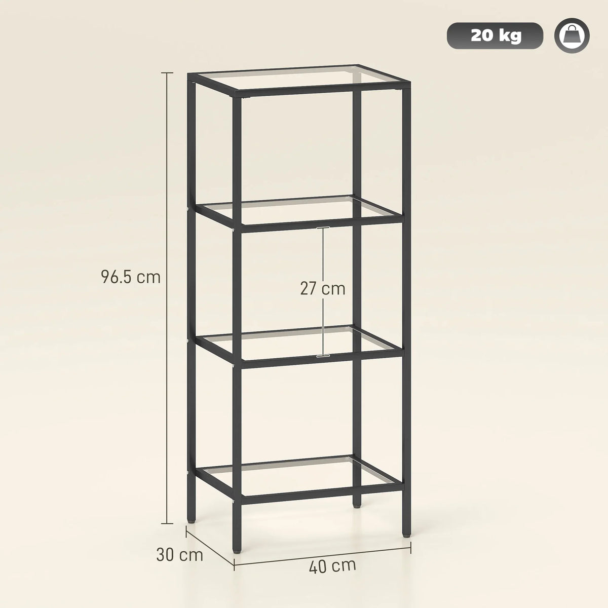4-tier glass shelving unit with black metal frame, shown with size dimensions