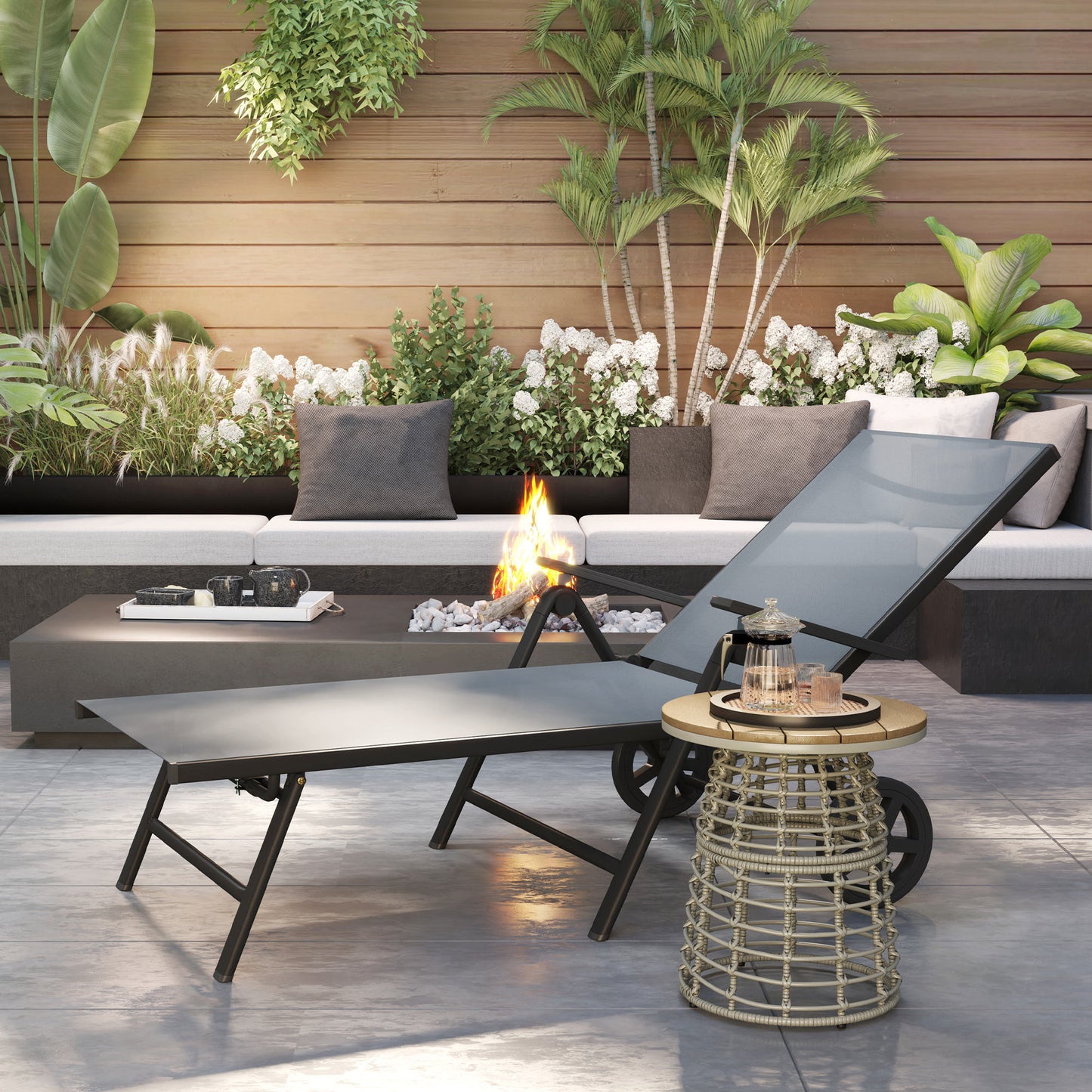 Outsunny Five Position Reclining Sun Lounger Grey Outdoor Garden With Textiline Mesh Seat