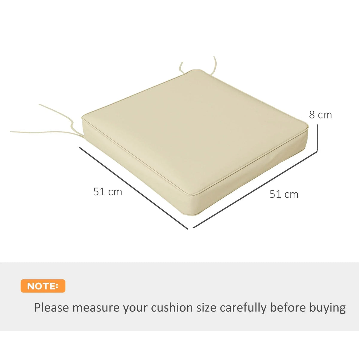 Beige seat cushion with corner seams and tie cord, square pad