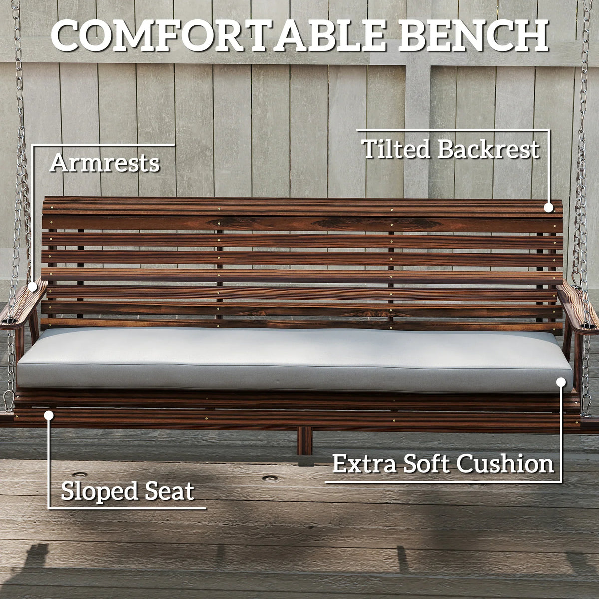 Outdoor swing bench with sloped seat, tilted backrest, and extra-soft gray cushion