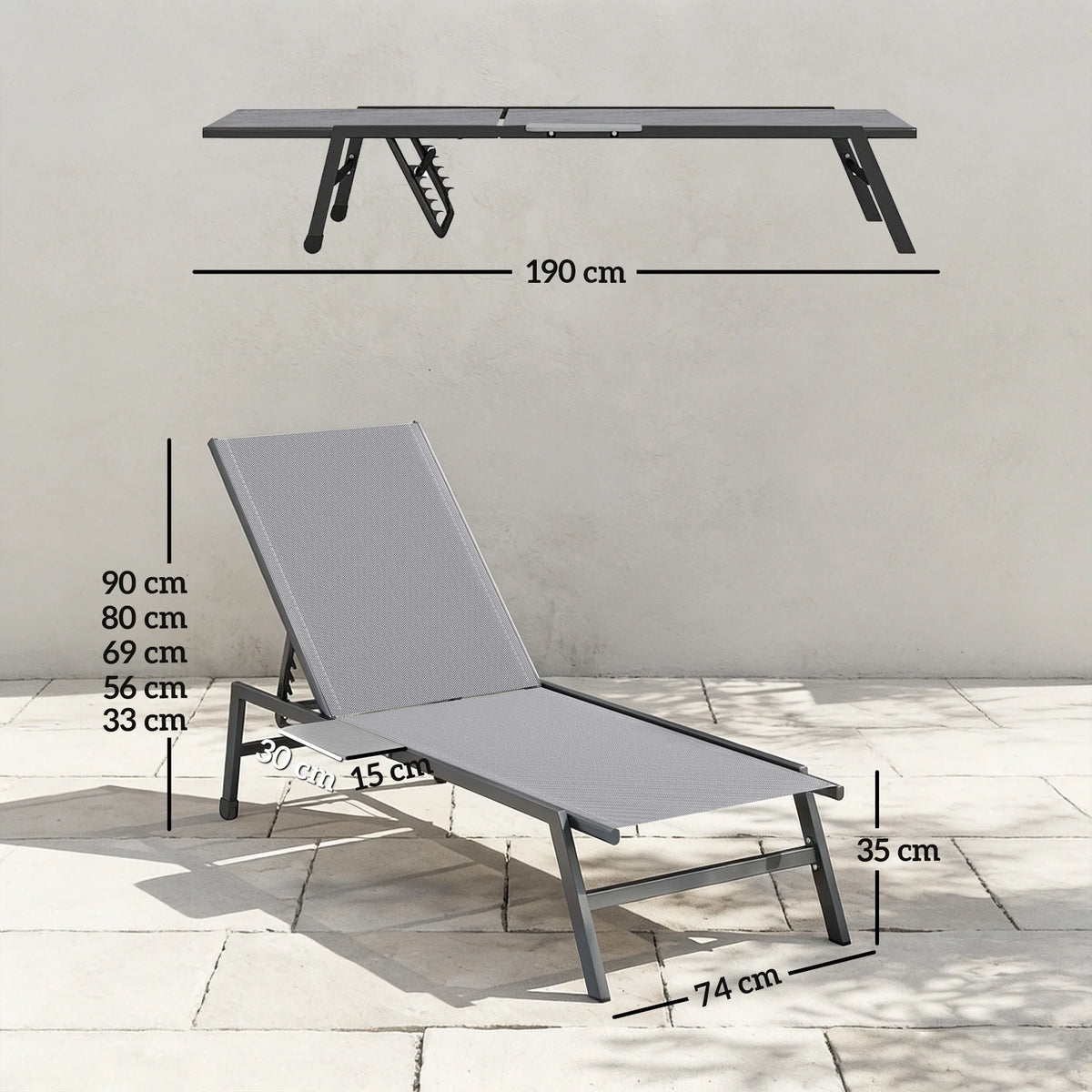 Grey adjustable sun lounger with dimensions and 5-position reclining back