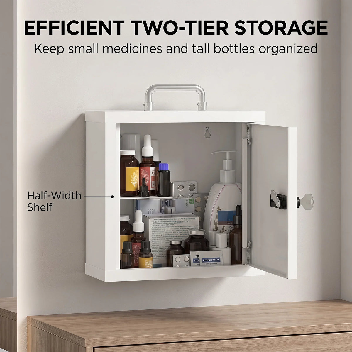 White two-tier medicine cabinet with door open showing organizer shelves for supplies