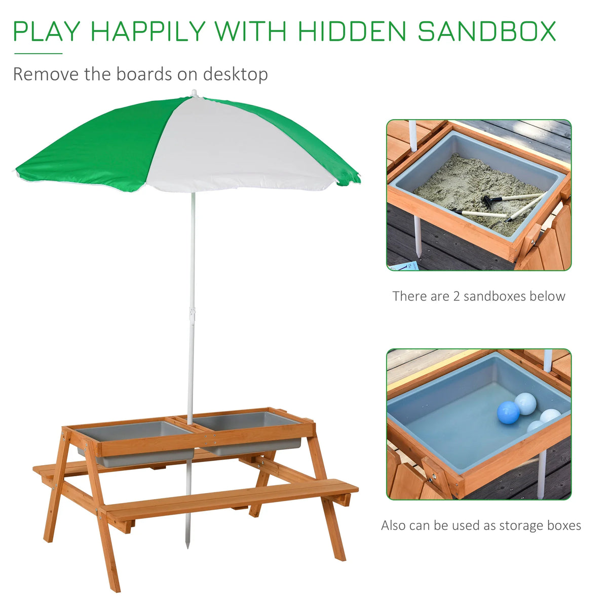 Kids wooden picnic table with hidden sandbox storage bin under the tabletop
