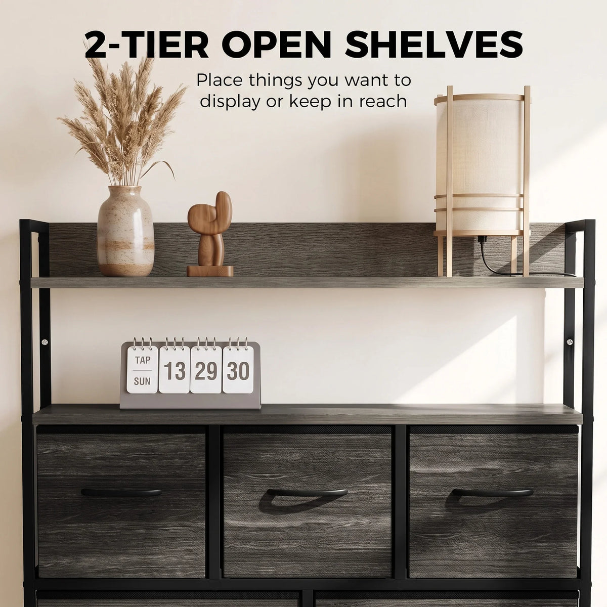 Grey wood-effect dresser with two open shelves and three rows of fabric drawers