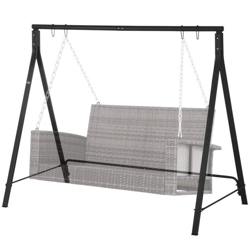 Black A-frame swing seat frame with chain-hung 2-seat bench and protective mesh back