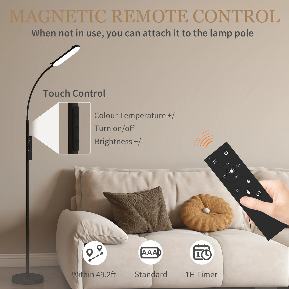 Black LED floor lamp with gooseneck, touch controls and magnetic remote