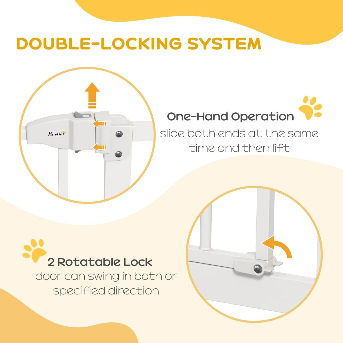 White metal pet safety gate with locking hinge and vertical bars, folding design