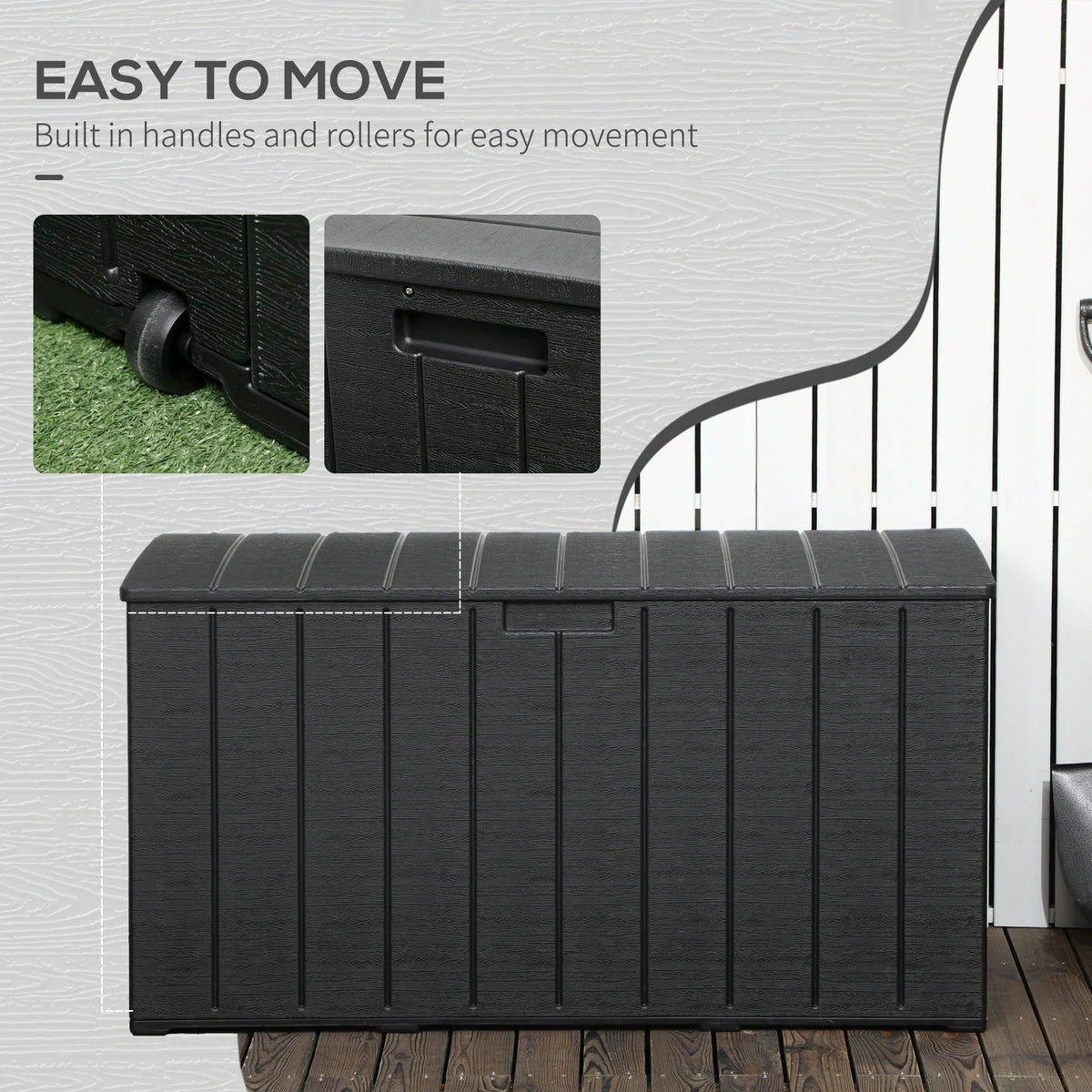 Black outdoor storage box with handles and wheels for easy moving