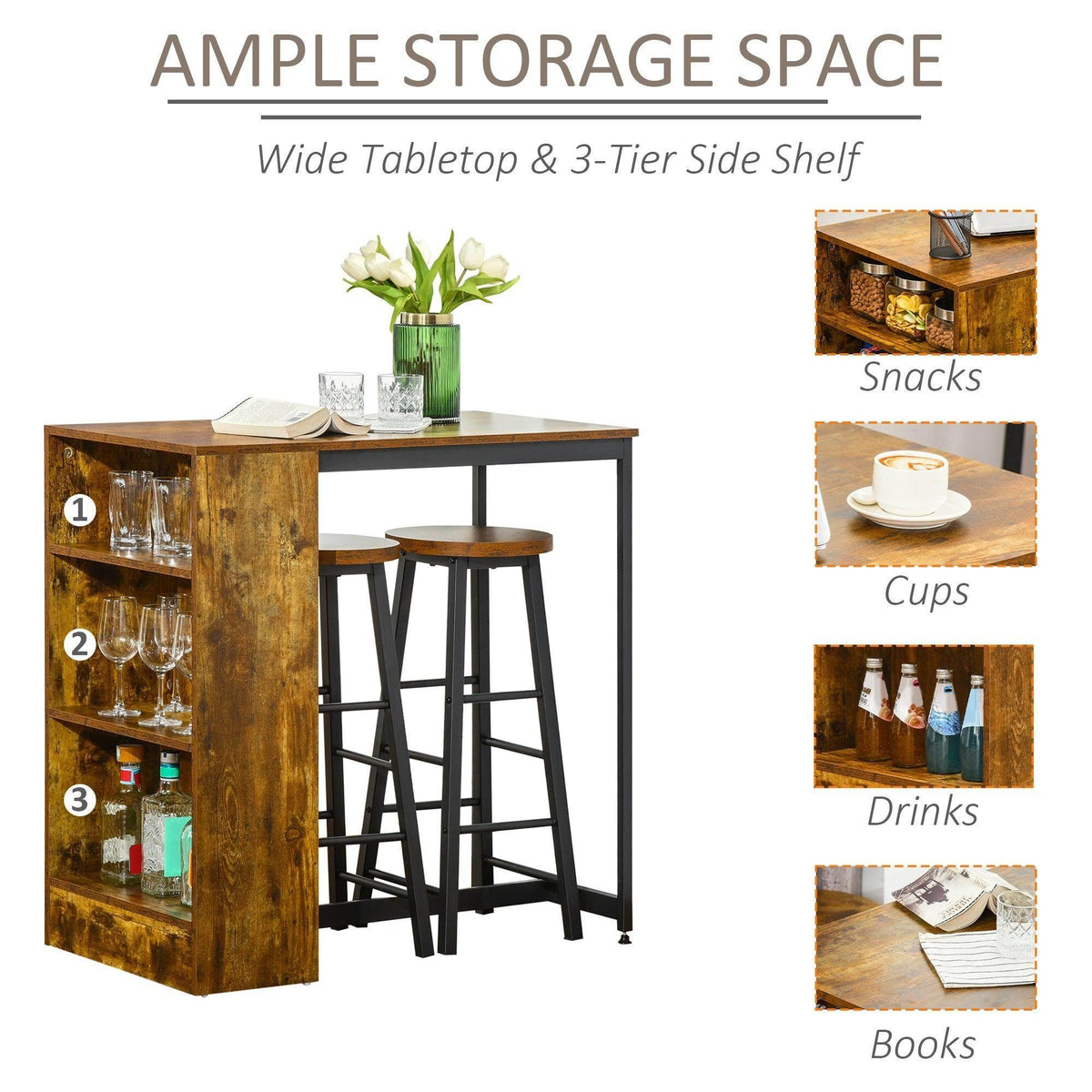 Industrial bar table with three-tier side shelf and two armless bar stools
