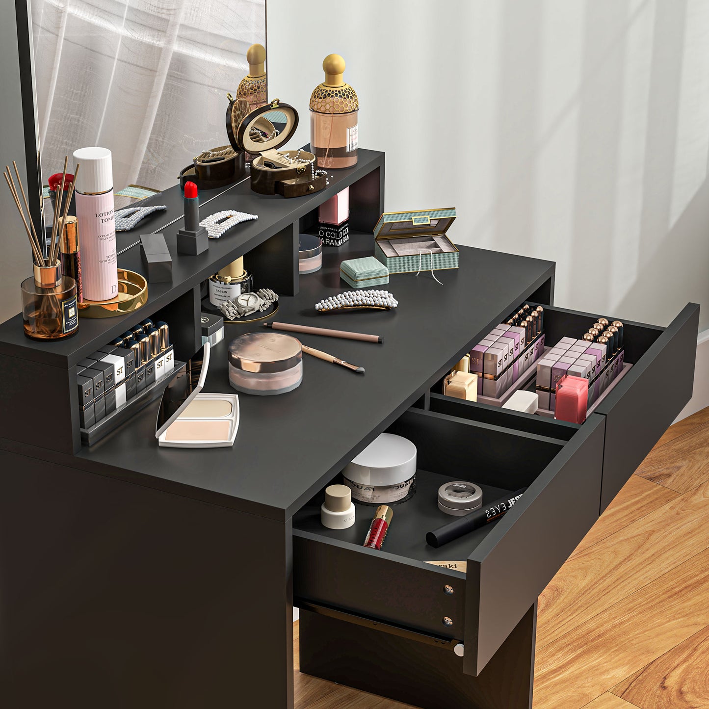 HOMCOM Multi Storage Vanity Dressing Table With Mirror And Drawers In Black With Three Shelves And Anti Tipping Straps