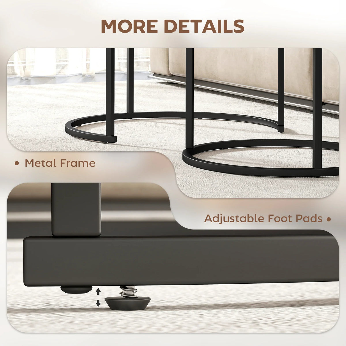 Metal-framed round nesting table showing adjustable foot pads under rustic brown top