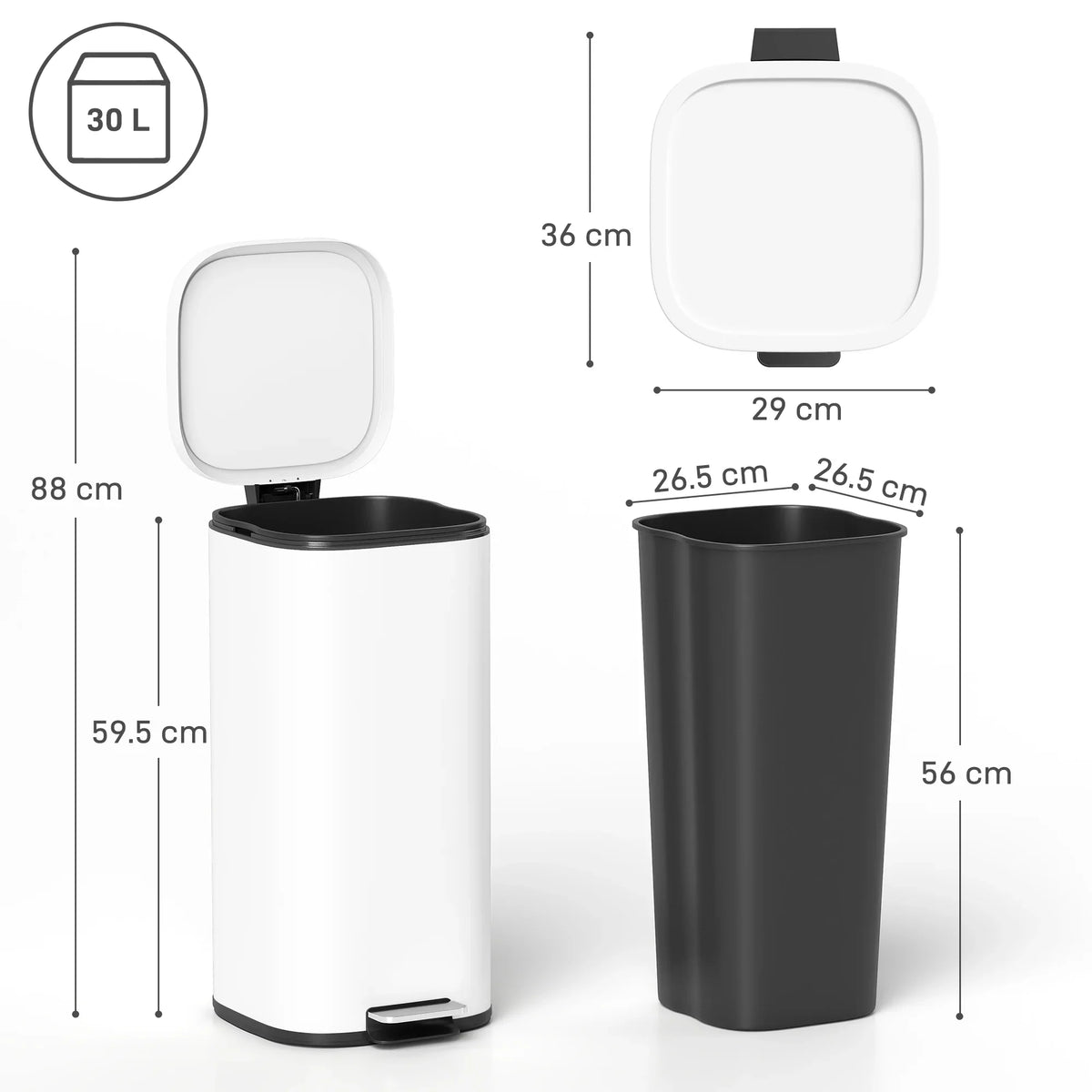 White 30L pedal bin with open lid and removable inner bucket; black bucket shown