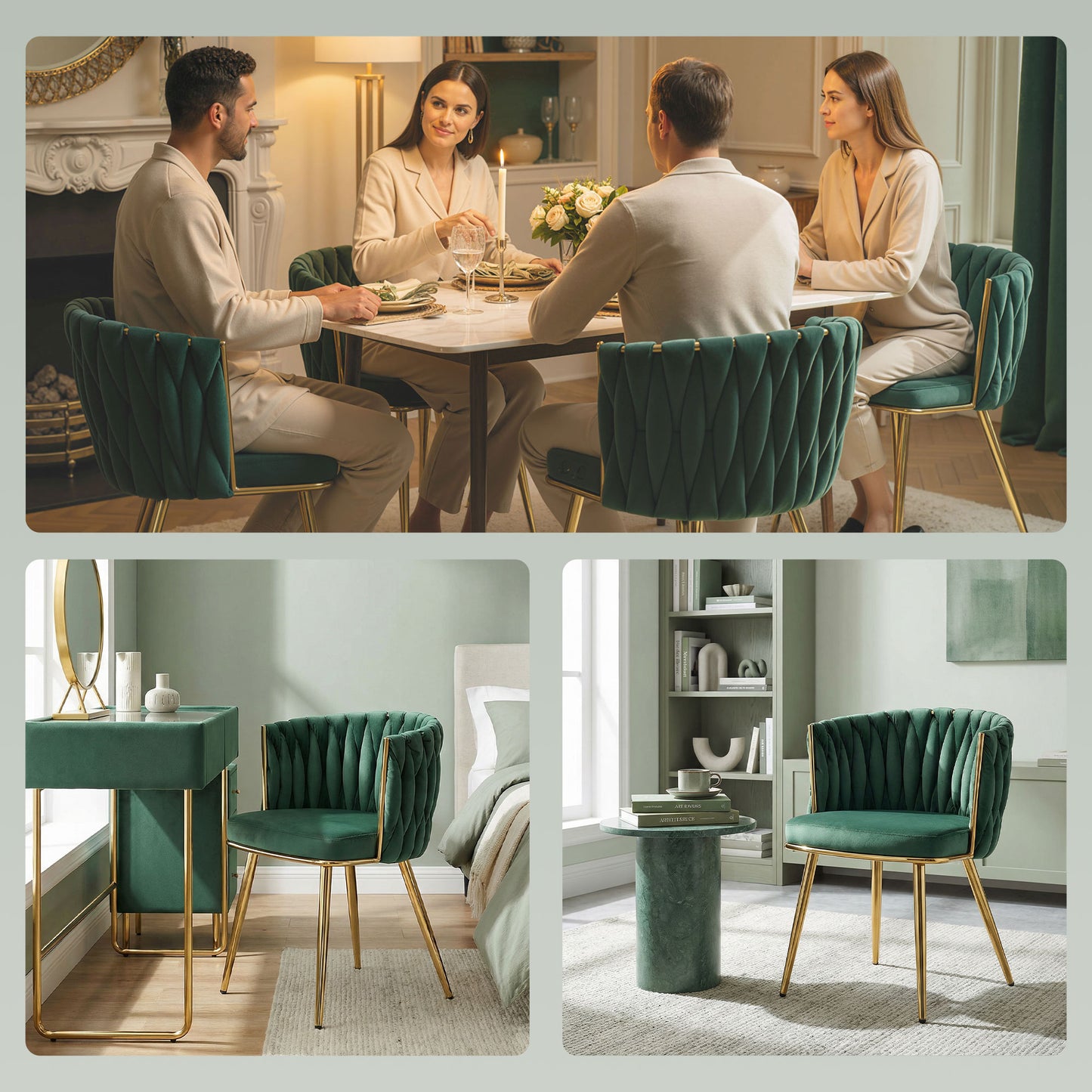 HOMCOM Velvet Feel Dining Chairs Set of 2 Modern Upholstered Armchairs with Knot Design and Golden Legs Dark Green