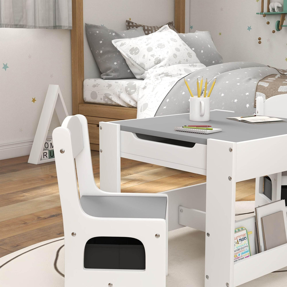 Kids white table with storage shelves and chair with chalkboard-style front panel