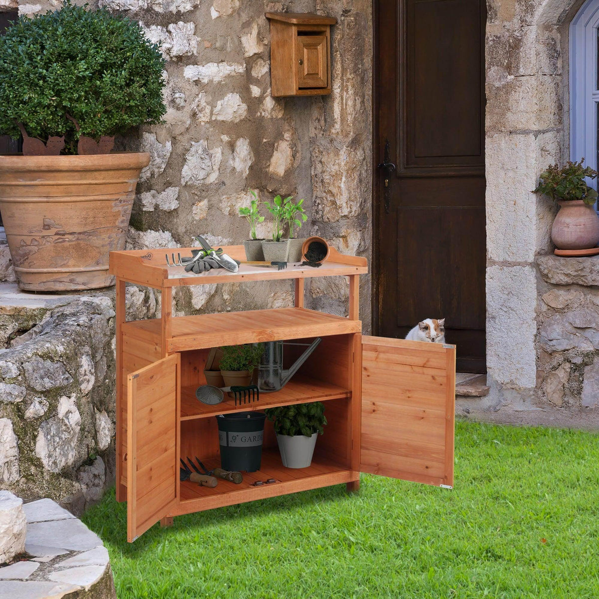 Wood potting bench with galvanized worktop, open shelves, and side cabinet storage