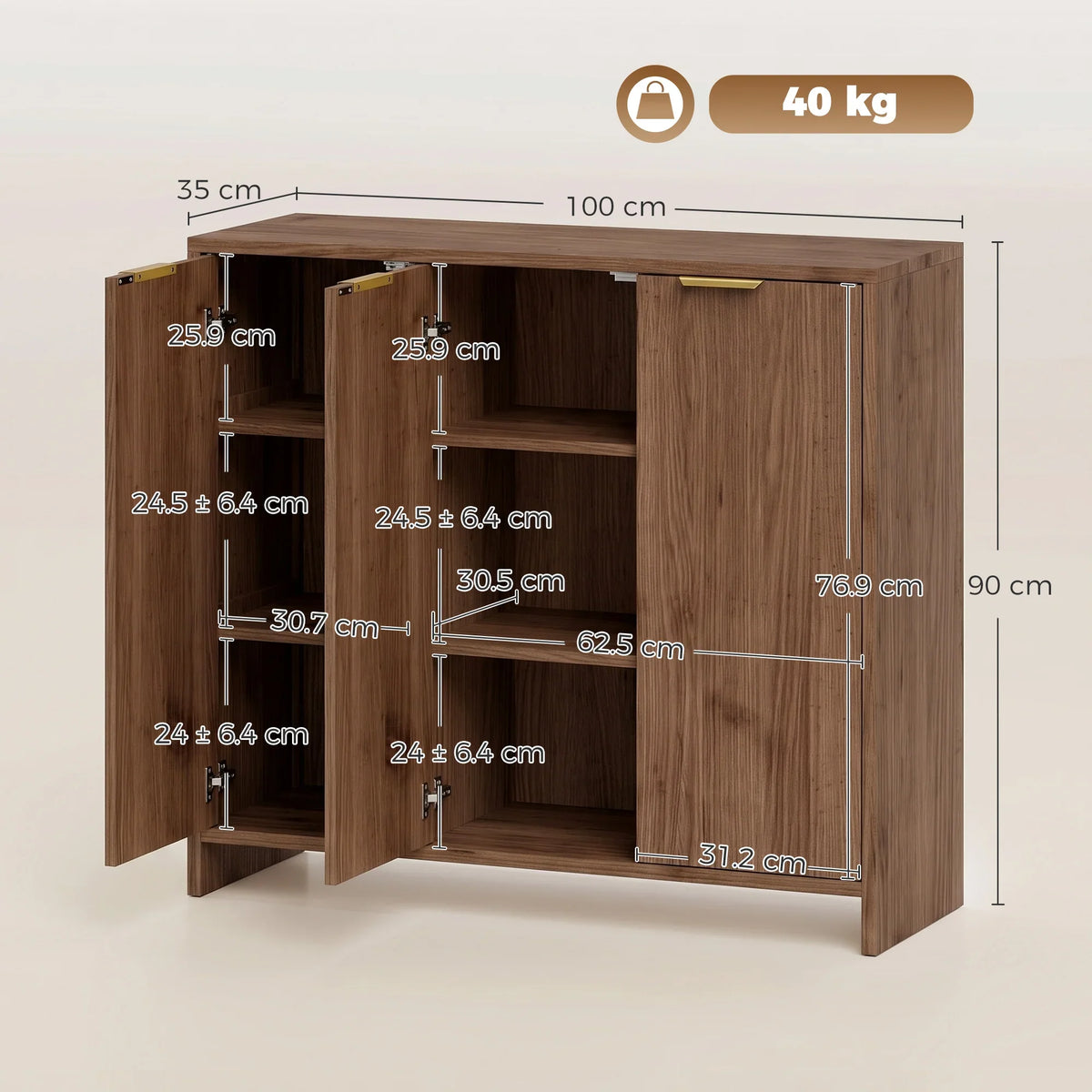 Brown sideboard cabinet, interior view with adjustable shelving and open doors