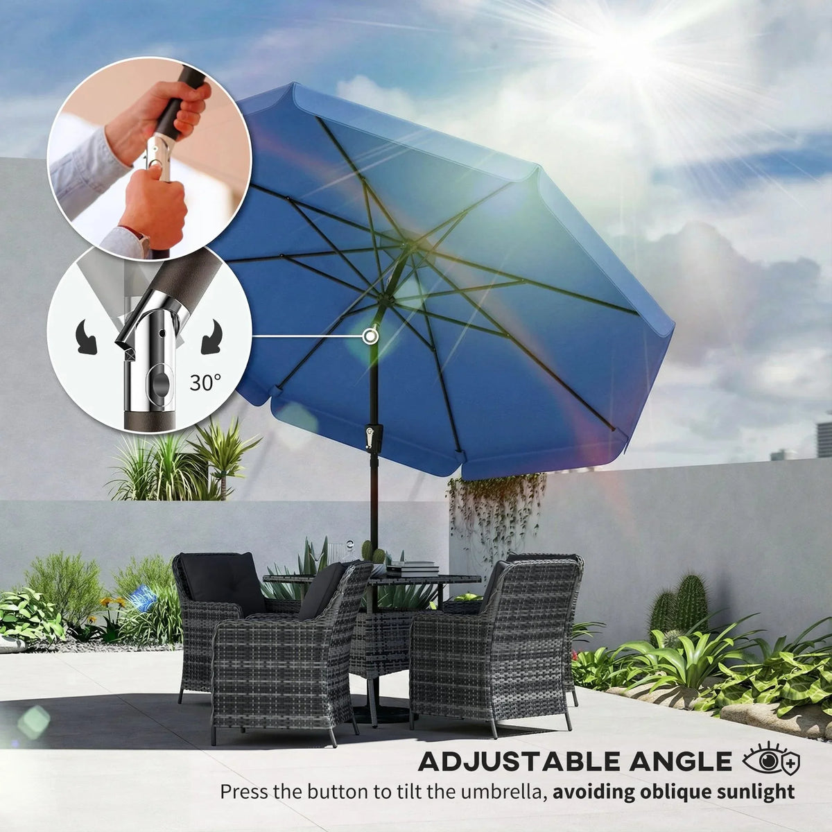 Adjustable tilt patio umbrella with dark blue canopy over outdoor seating