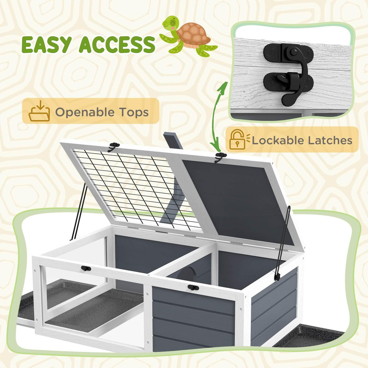 White and gray wooden tortoise habitat with open top and lockable latches on side panels