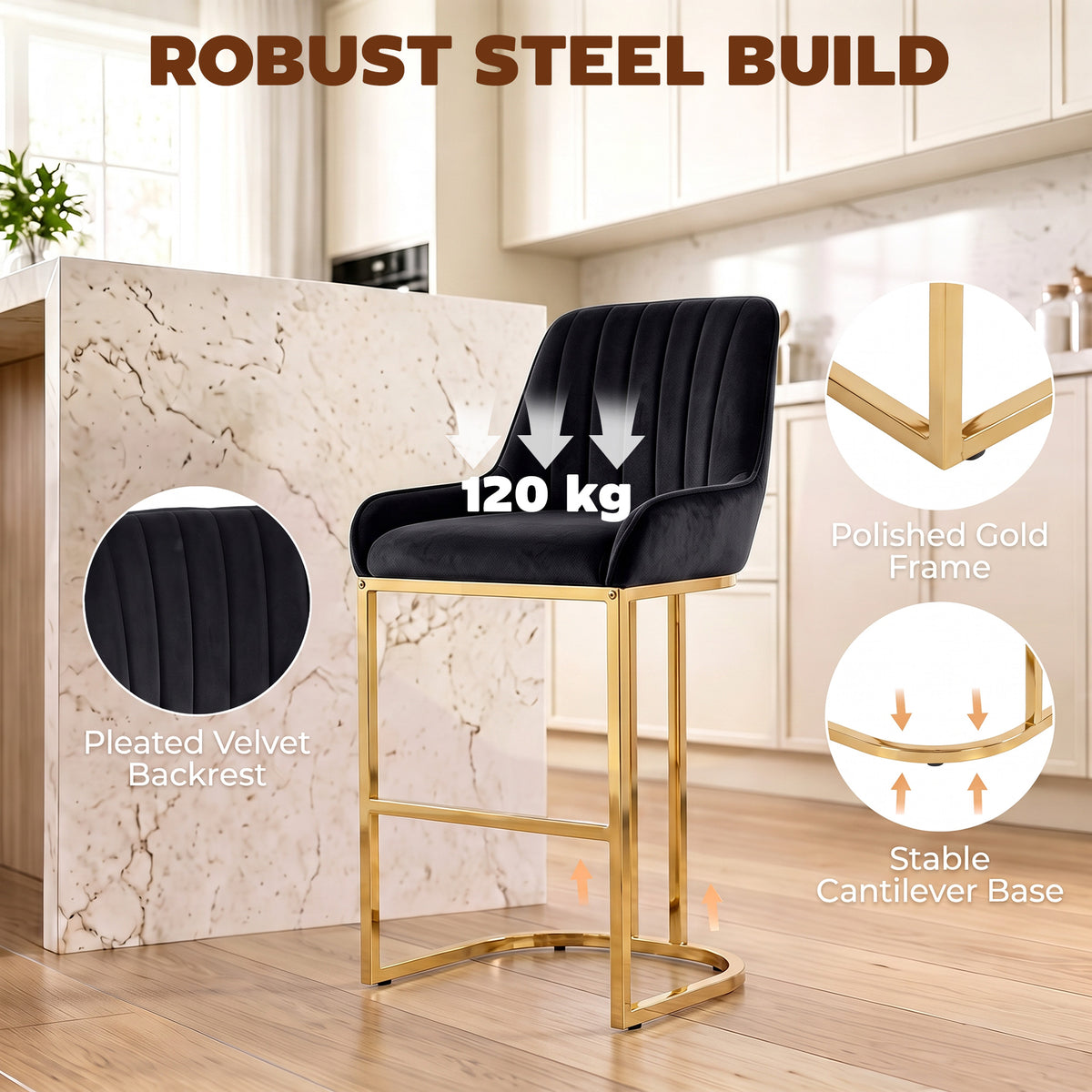 Black velvet bar stool with pleated backrest, polished gold frame and stable cantilever base
