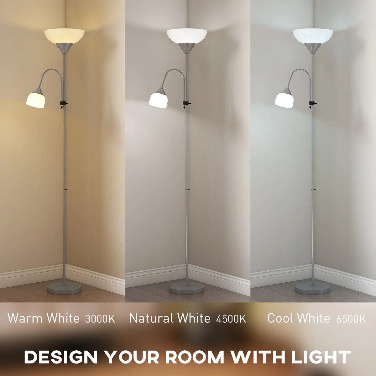 Silver LED floor lamp with two white shades on warm, natural, and cool white modes