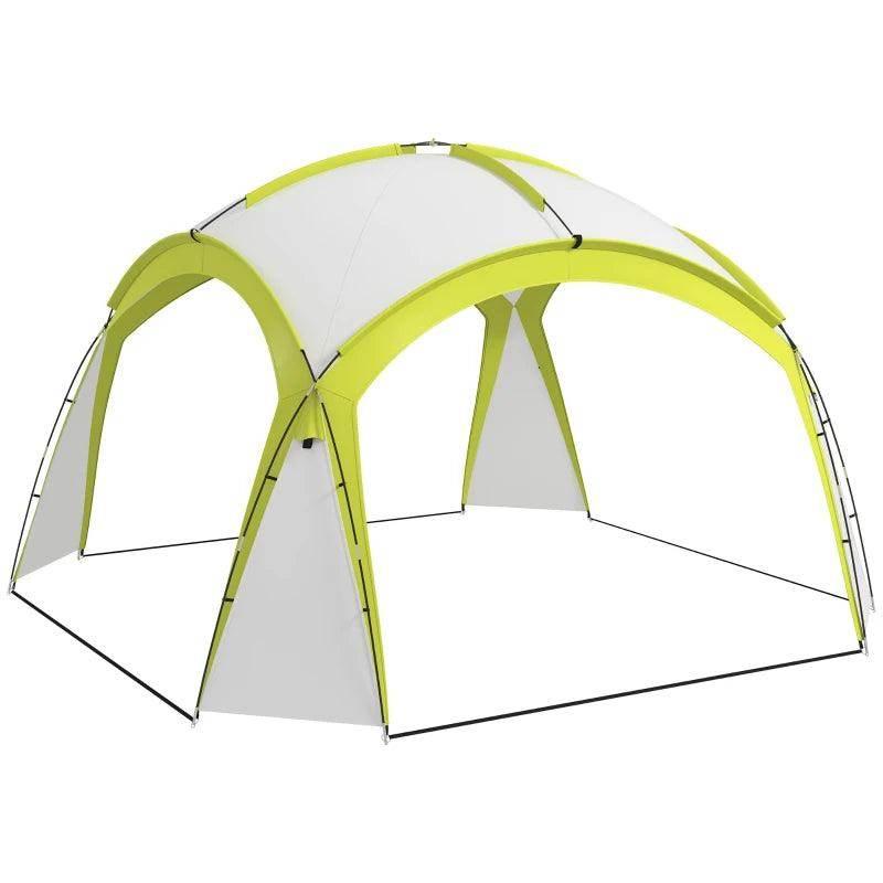 White dome camping gazebo with lime-green arched frame and open sides