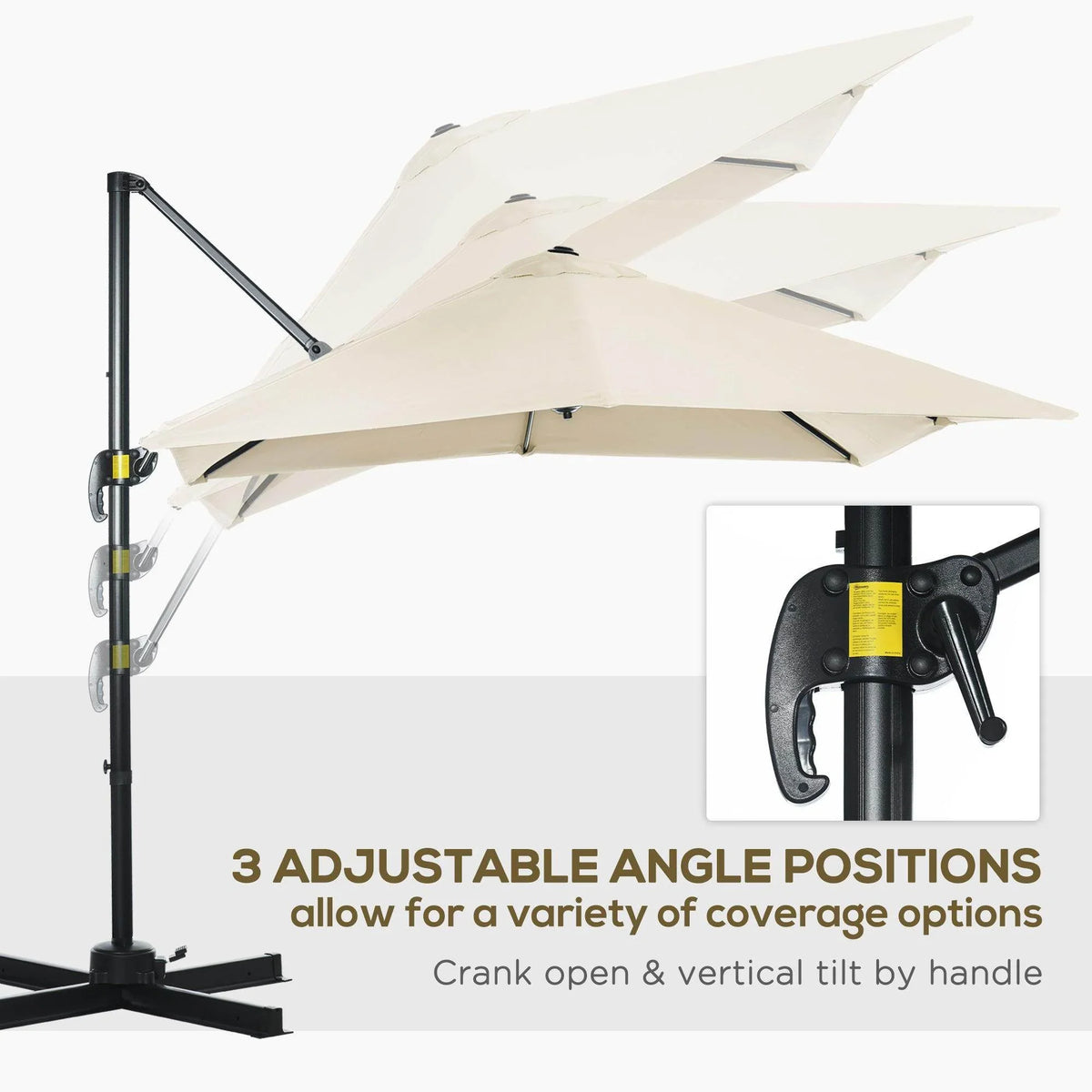 Cream cantilever umbrella with 3 adjustable angle positions and handle crank tilt