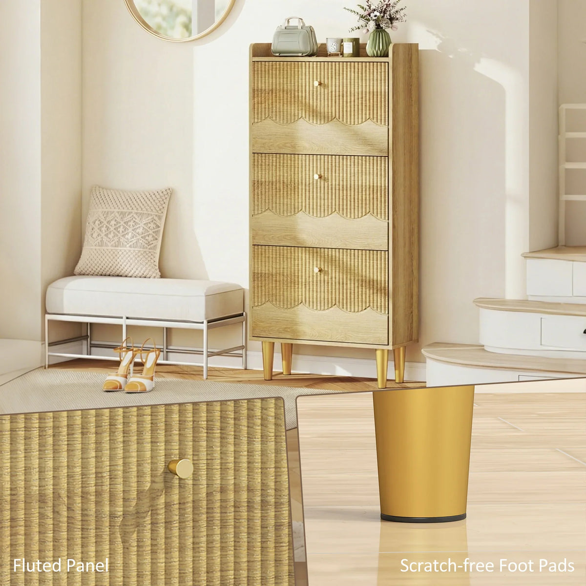 Oak narrow shoe cabinet with fluted panels, three flip drawers, and protective pads
