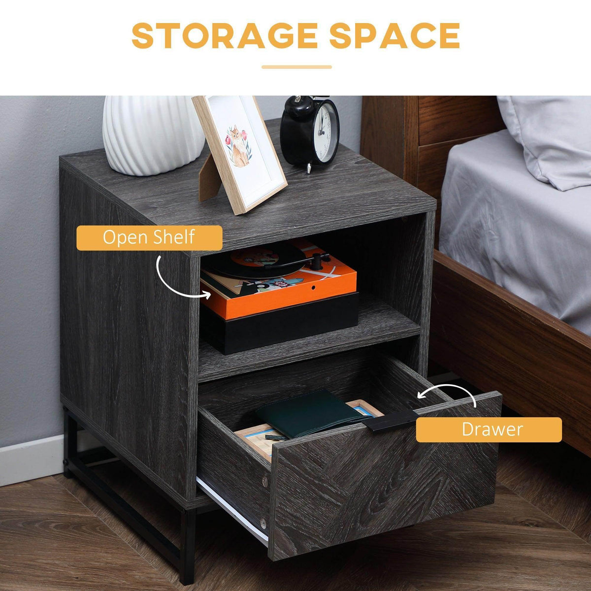 Dark gray bedside table with open shelf and pull-out drawer
