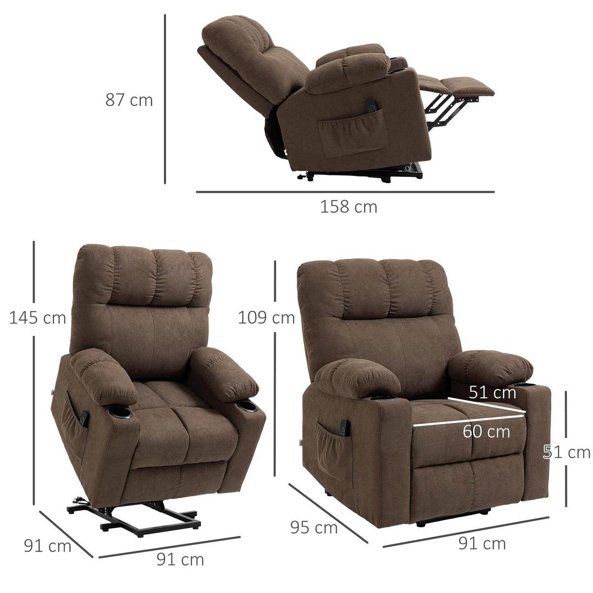 Dark brown recliner chair size chart from multiple angles, showing dimensions.