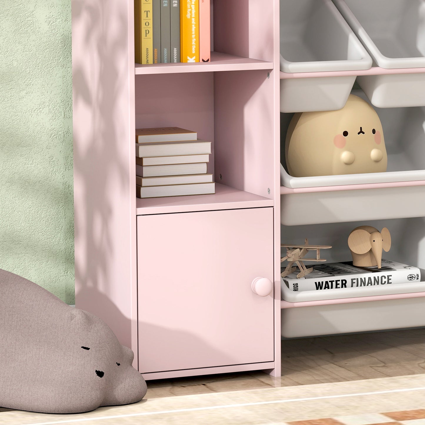 AIYAPLAY Kids Toy Organizers And Storage With 8 Removable Bins And Bookshelf Pink