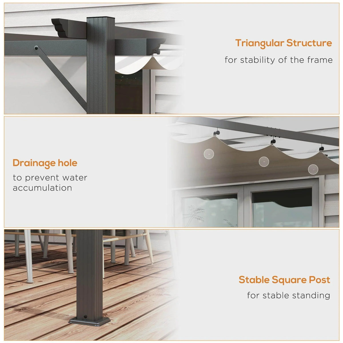 Aluminum pergola corner post and frame with drainage features and stable support structure