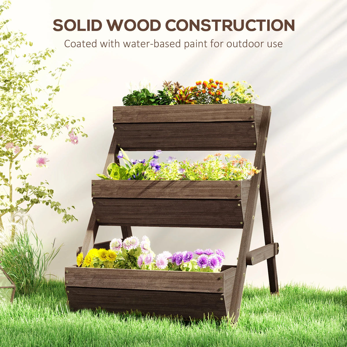Outsunny 3-tier raised garden bed, solid dark wood construction with three planter levels
