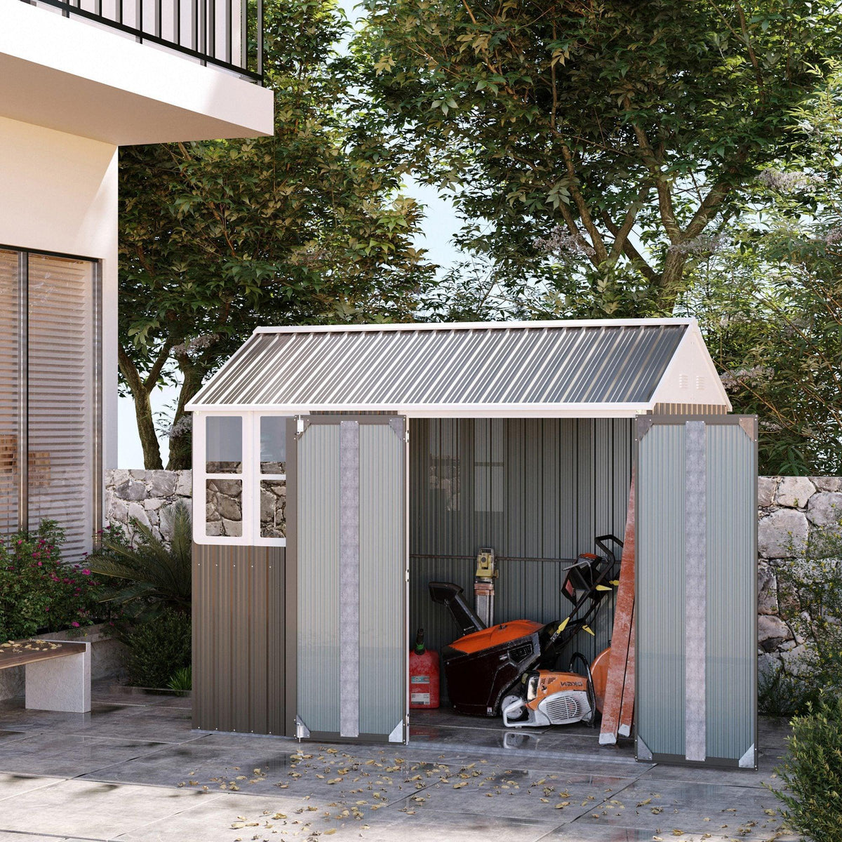 Grey metal garden shed with double doors and two window panels, corrugated siding