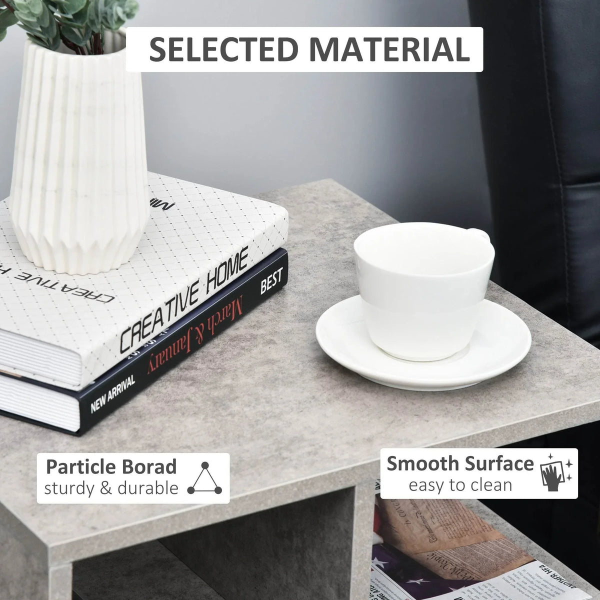 Cement-finish tabletop with smooth, wipe-clean surface and open shelf storage