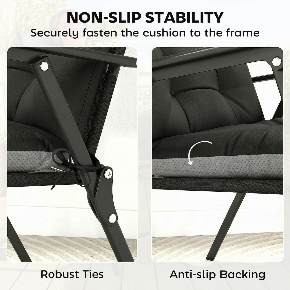 Set of four black patio chair lounge cushions with anti-slip backing and fastening ties