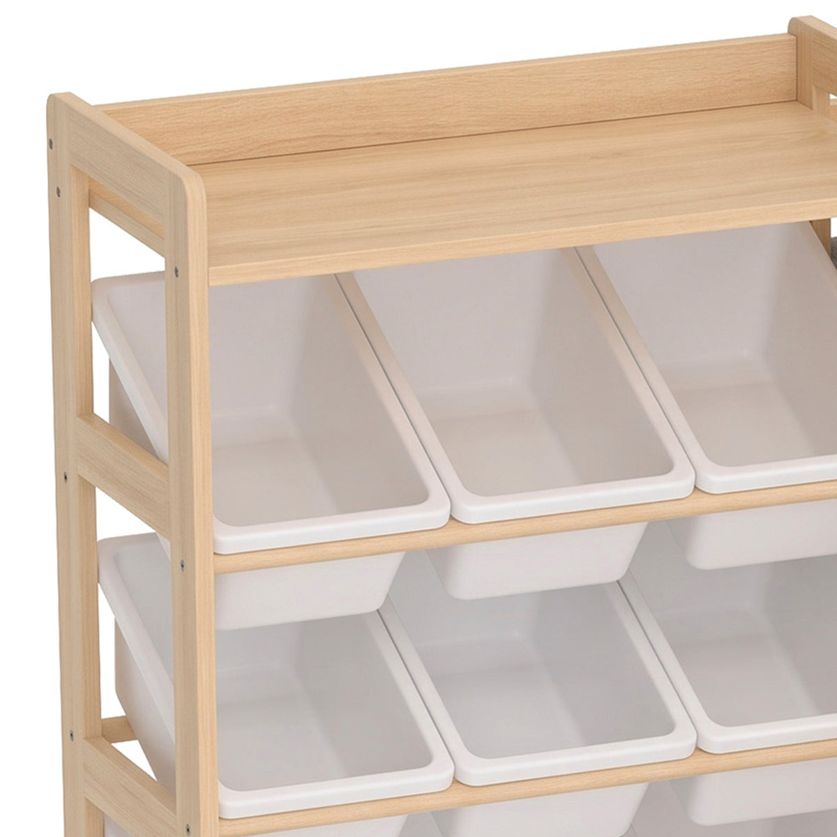 Light wood cabinet shelf with white plastic storage bins and side frame