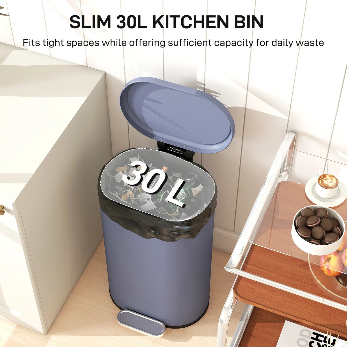 Slim 30 L kitchen trash can with foot pedal and curved soft-close lid, open top