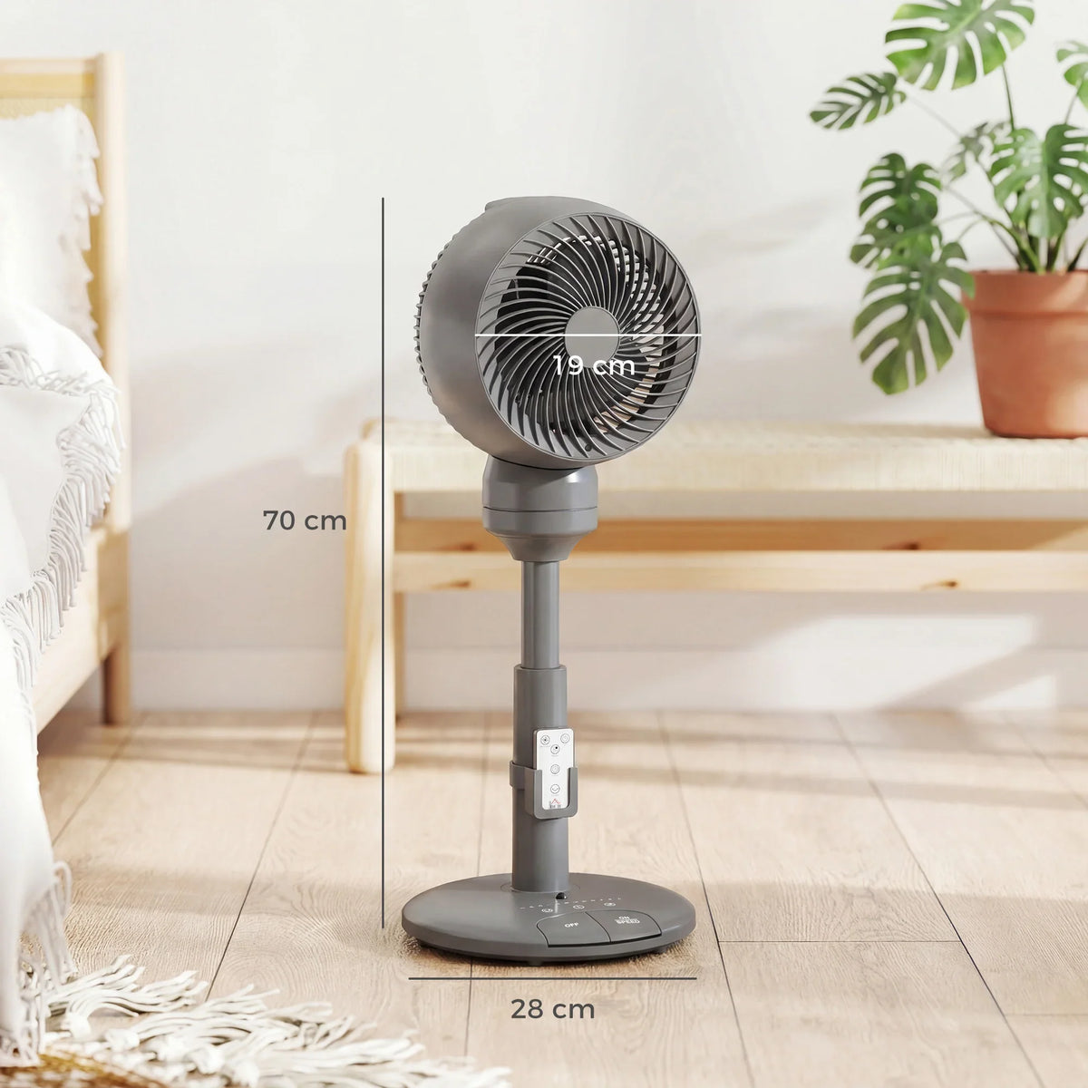 Grey pedestal air circulator fan with adjustable pole and circular front grille