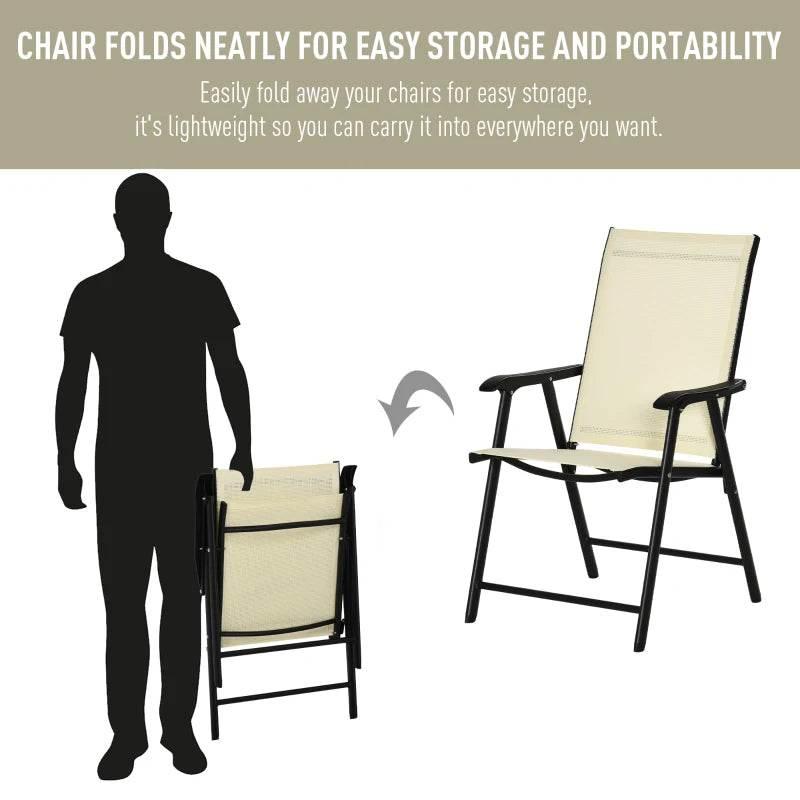 Folding garden chair with beige mesh seat and dark frame, shown folded for portability