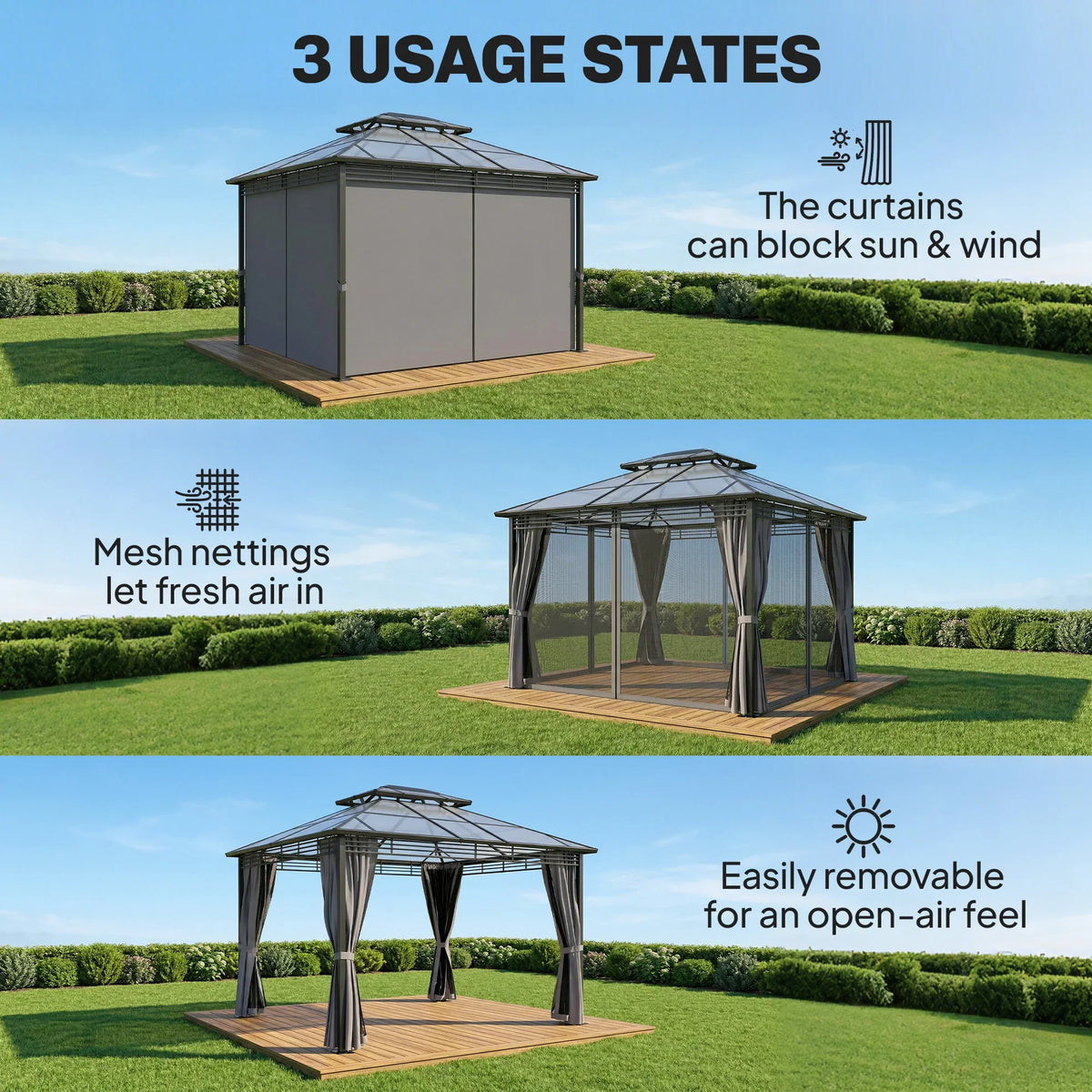 Outdoor hardtop gazebo with dark curtains and mesh side panels, open sides